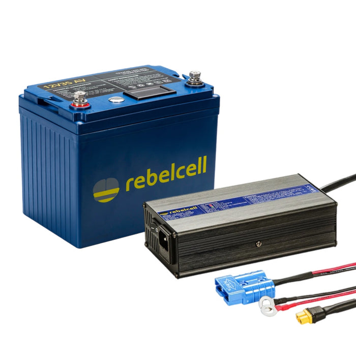 Rebelcell 12v35 AV li-ion Battery med Rebelcell 10A XT60 Litium laddare