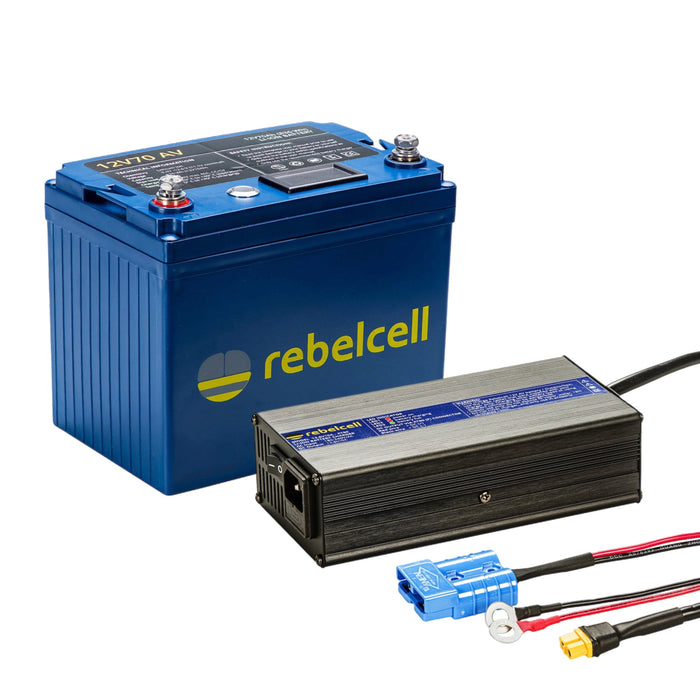 Rebelcell 12v70 AV li-ion Battery med Rebelcell 10A XT60 Litium laddare