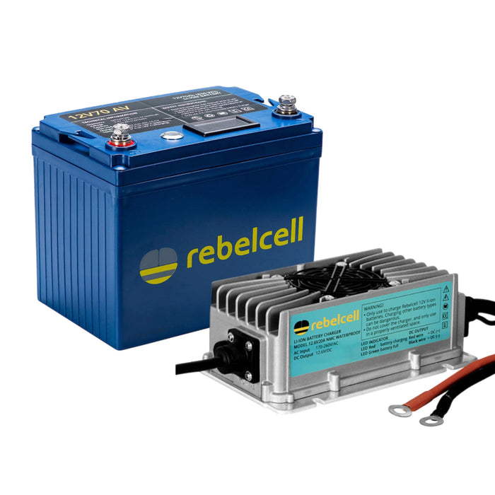 Rebelcell 12v70 AV li-ion Battery med Rebelcell 20A vattentät Laddare